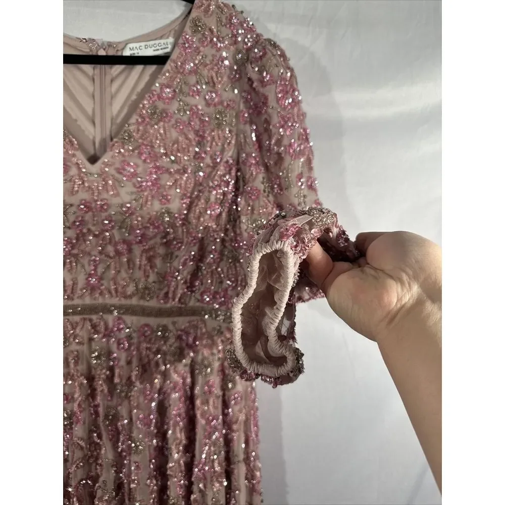 NWT $798 Mac Duggal [ 14 ] Embellished V Neck 3/4 Sleeve A Line Gown Rose #G1761 - Picture 13 of 16